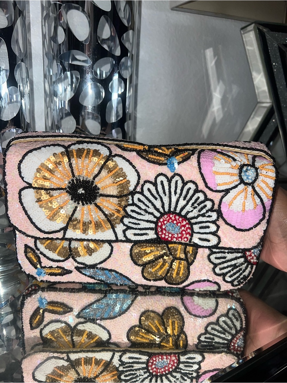 Floral Sequin Women's Shoulder Bag - Pink Multicolor
